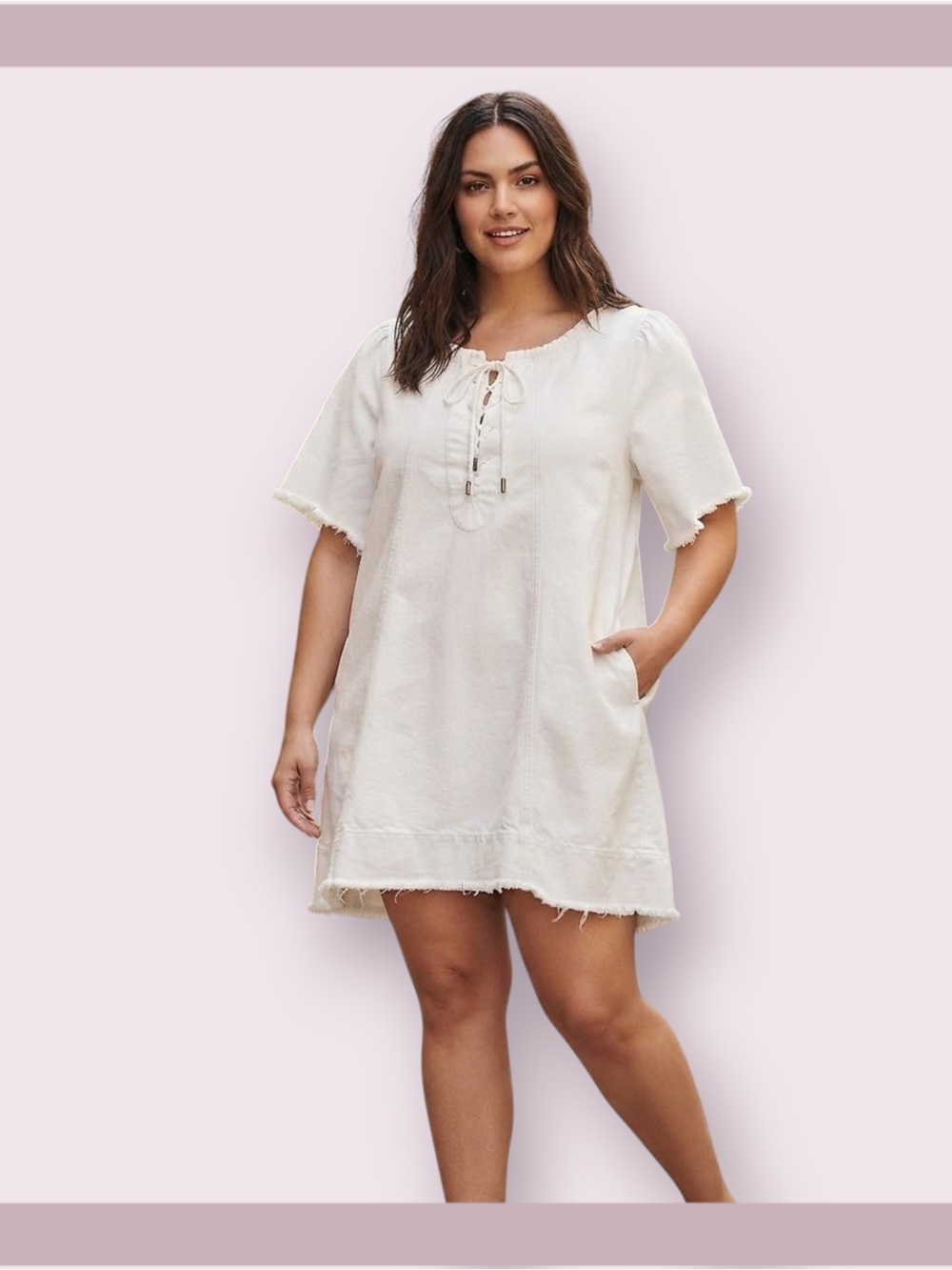 Free People White Denim Raw Hem Mini Shift Dress